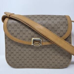 Vintage Gucci Micro GG Crossbody Bag 1970s Tan Canvas Italy Brass Lock Brown